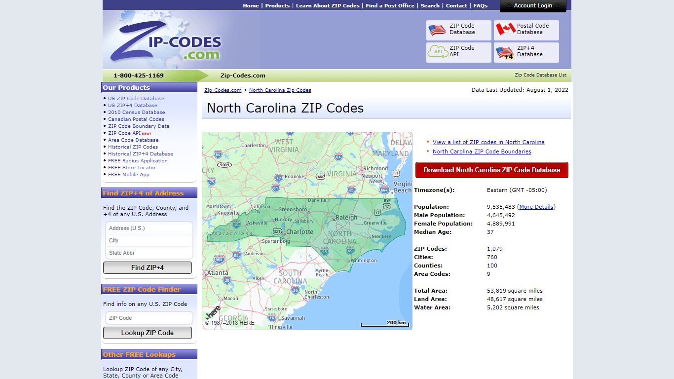 Listing of all Zip Codes in the state of North Carolina