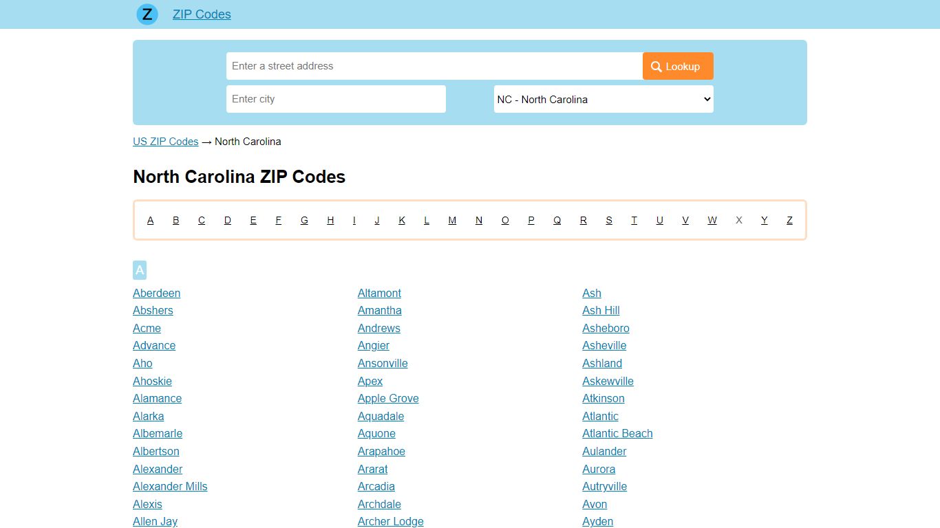 North Carolina Zip Codes